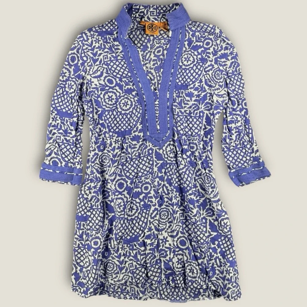 Tory Burch Purple White Cotton Floral Bird Print Tunic Top Dress Womens Size 6